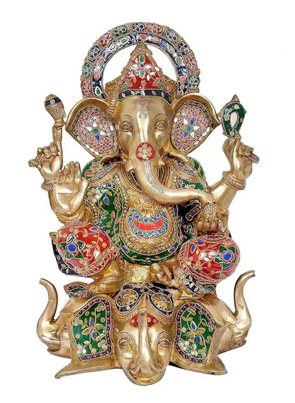 Brassaura® Brass Ganesha Ganpati Statue Idol (Lotus Base) | Height 17 Inches