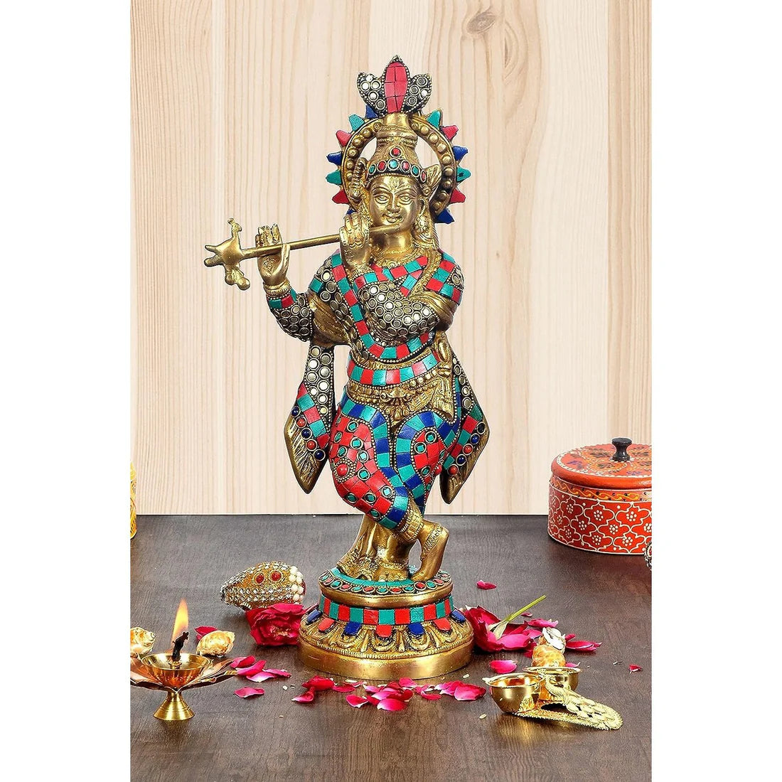 Brassaura® Brass Lord Krishna Statue (Inlay Work) | Height 15 Inches