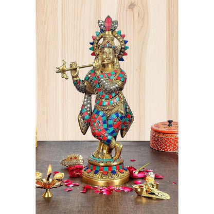 Brassaura® Brass Lord Krishna Statue (Inlay Work) | Height 15 Inches