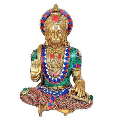 Brassaura® Brass Hanuman Statue | 11 Inch Multicolor Sitting Bajrangbali Idol