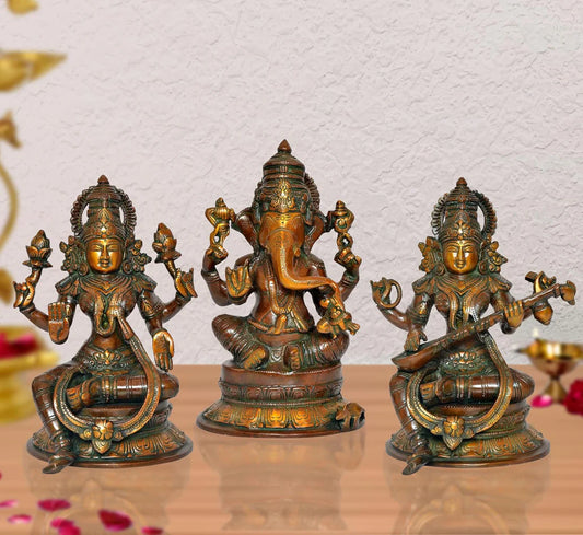 Brassaura® Brass Lakshmi Ganesh Saraswati Statue Idol | Height 10 Inches