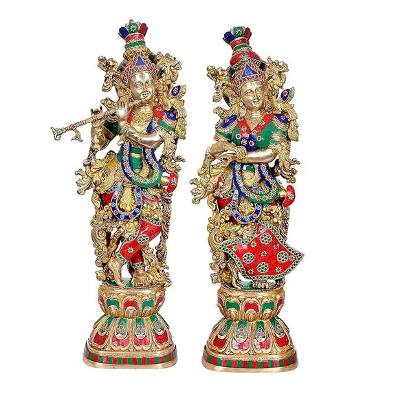 Brassaura® Brass Radha Krishna Statue Pair | 29 Inch Large Brass Idols | Handcrafted Divine Murti Set for Home & Temple