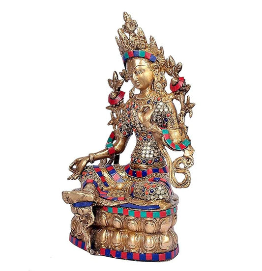 Brassaura® Brass Tara Devi Statue | Height 14 Inches | Large Tibetan Goddess Idol for Home & Meditation Décor
