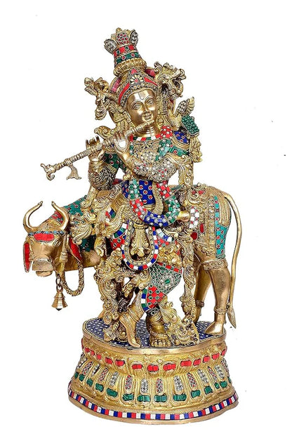 Brassaura® Brass Cow Krishna Statue | 30 Inch Large Krishna with Cow Idol | Handcrafted Brass Murti for Home & Temple