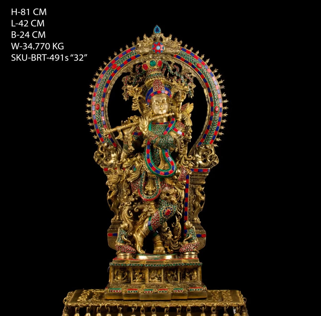 Brassaura™ Ring Krishna Gemstone Work Statue with Two Gopiyan – Height 32 Inch, Weight 34.77 Kg | Solid Brass Murti