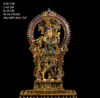 Brassaura® Brass Lord Krishna with Two Gopiyan & Gemstone Work Ring Frame | Solid Brass Handcrafted Krishna Murti | Grand Temple Décor, Spiritual Home Accent & Luxury Gifting | Height 32 Inches | Weight 34.77 Kg