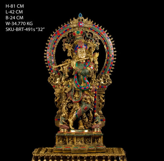 Brassaura™ Ring Krishna Gemstone Work Statue with Two Gopiyan – Height 32 Inch, Weight 34.77 Kg | Solid Brass Murti