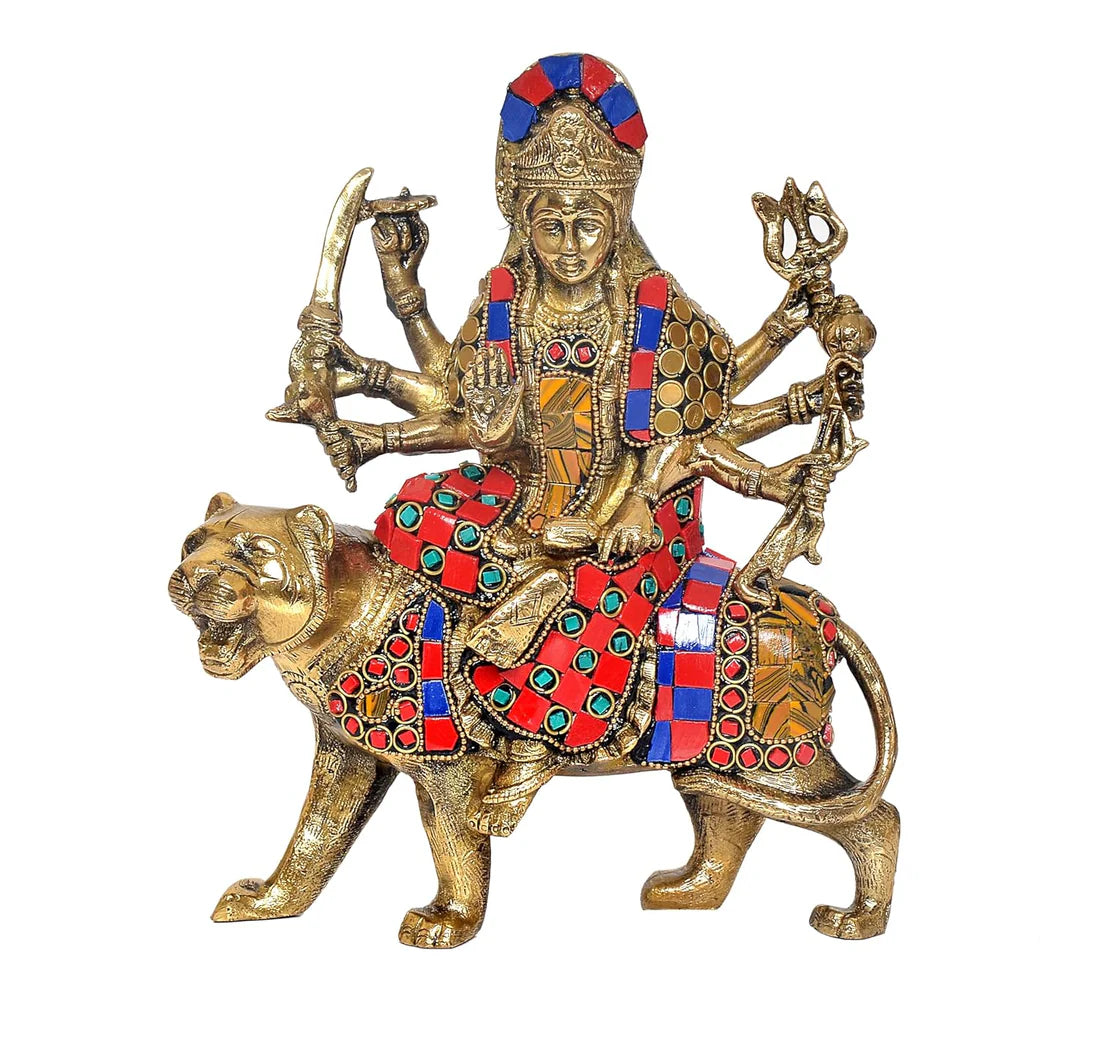 Brassaura® Brass Durga Maa Statue | Height 8 Inches | Sherawali Mata Rani Idol with Lion for Home & Mandir
