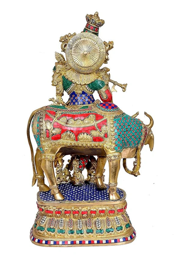 Brassaura® Brass Cow Krishna Statue | 30 Inch Large Krishna with Cow Idol | Handcrafted Brass Murti for Home & Temple