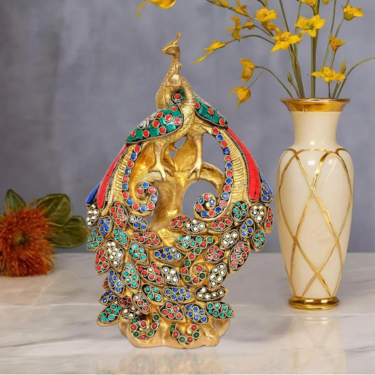 Brassaura® Brass Peacock Pair Statue | Height 12 Inches | Multicolor Decorative Peacock Showpiece for Home & Office