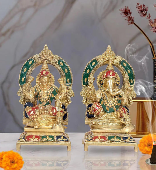 Brassaura® Brass Laxmi Ganesh Statue | Height 7.5 Inches | Multicolor Lakshmi Ganesha Idol for Home & Mandir