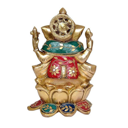 Brassaura® Brass Ganesha Idol | 9 Inch Multicolor Ganpati Statue | Handcrafted Brass Murti for Home & Mandir