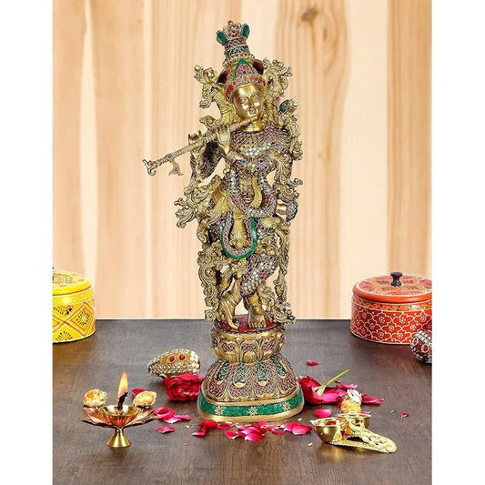 Brassaura® Brass Standing Krishna Statue | 30 Inch Multicolor Lord Krishna Idol | Handcrafted Brass Murti for Home & Temple