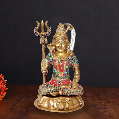 Brassaura® Brass Lord Shiva Idol | 13 Inch Golden Shiv Ji Statue | Handcrafted Brass Mahadev Murti for Home & Temple