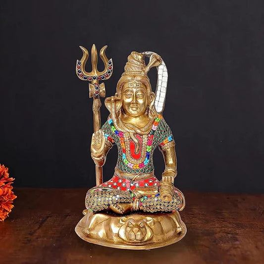 Brassaura® Brass Lord Shiva Idol | 13 Inch Golden Shiv Ji Statue | Handcrafted Brass Mahadev Murti for Home & Temple