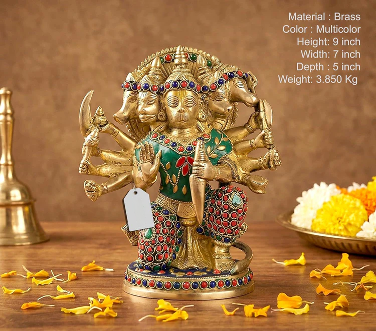 Brassaura® Brass Panchmukhi Hanuman Idol | Height 9 Inches