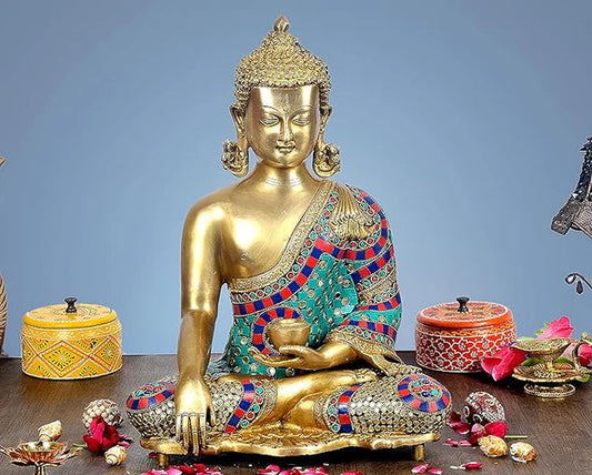 Brassaura® Brass Buddha Statue | 16 Inch Multicolor Buddha Idol with Stonework | Handcrafted Brass Murti for Home & Meditation Décor