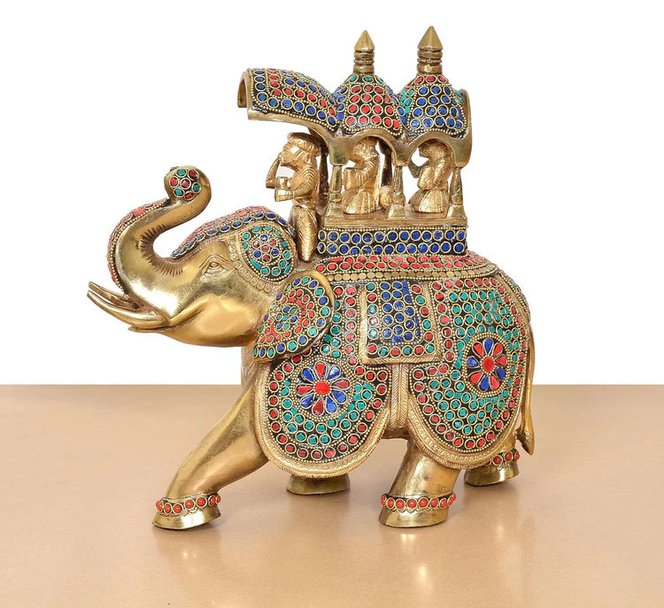 Brassaura® Multicolor Elephant Ambari Brass Statue | Royal Elephant Showpiece with Stone Work | Height 13 Inches
