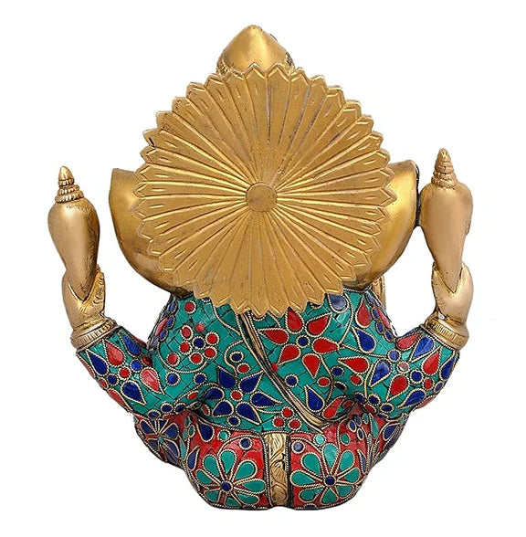 Brassaura® Brass Lord Ganesha Idol | 9 Inch Golden Ganpati Statue with Stonework | Handcrafted Brass Murti for Home & Mandir