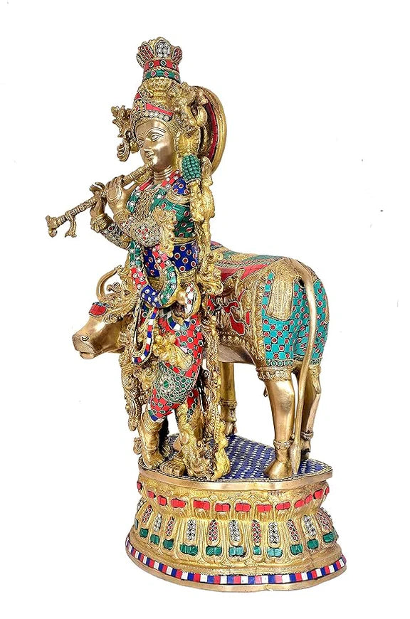 Brassaura® Brass Cow Krishna Statue | 30 Inch Large Krishna with Cow Idol | Handcrafted Brass Murti for Home & Temple
