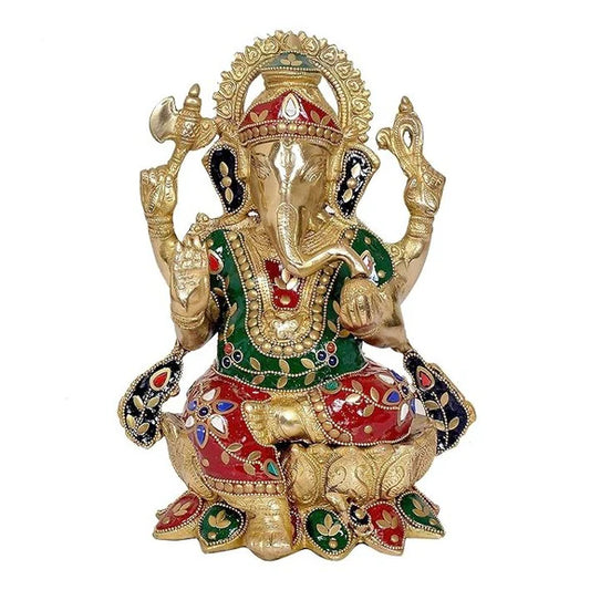 Brassaura® Brass Ganesha Lotus Statue Idol | Height 12 Inches