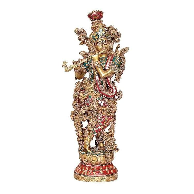 Brassaura® Brass Krishna Statue | 14 Inch Multicolor Lord Krishna Idol | Handcrafted Brass Murti for Home & Temple