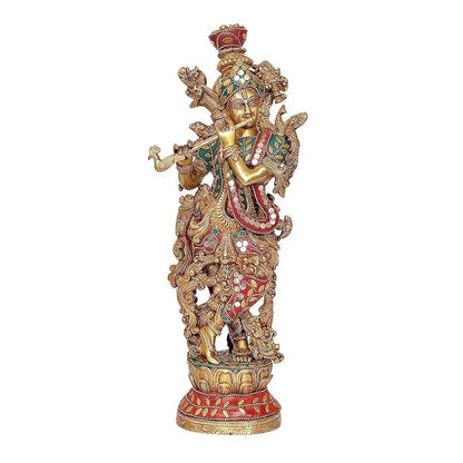 Brassaura® Brass Krishna Statue | 14 Inch Multicolor Lord Krishna Idol | Handcrafted Brass Murti for Home & Temple