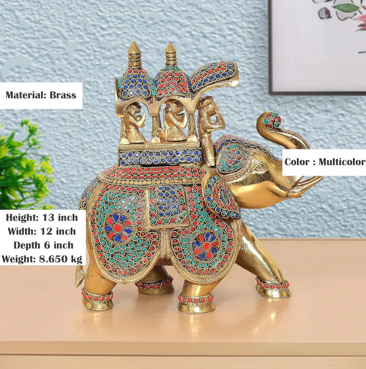 Brassaura® Multicolor Elephant Ambari Brass Statue | Royal Elephant Showpiece with Stone Work | Height 13 Inches