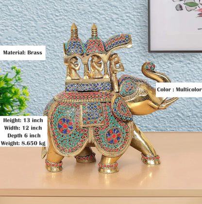 Brassaura® Multicolor Elephant Ambari Brass Statue | Royal Elephant Showpiece with Stone Work | Height 13 Inches