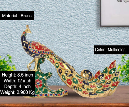 Brassaura® Brass Peacock Multicolour Sculpture | Height 8.5 Inches