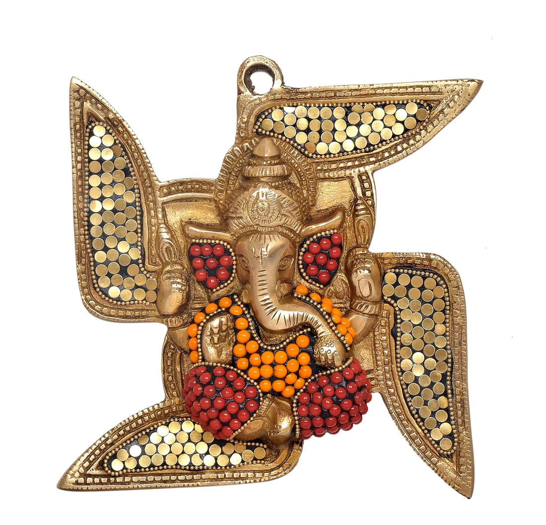 Brassaura® Brass Ganesha Swastik Wall Hanging | Height 8 Inches | Multicolor Decorative Wall Décor for Home & Mandir
