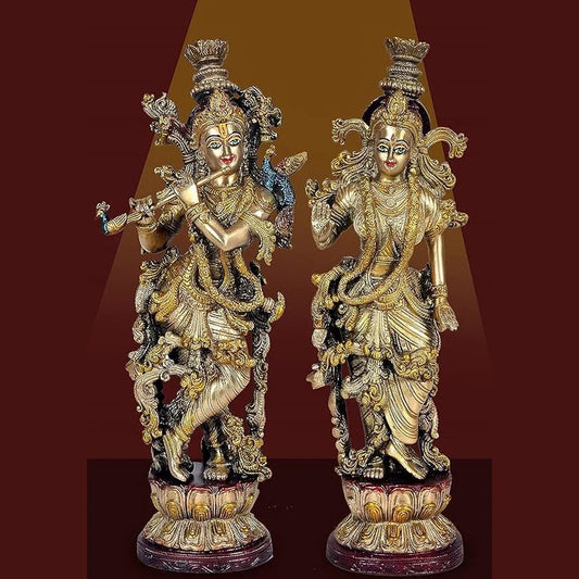 Brassaura® Brass Radha Krishna Statue | Height 15 Inches | Multicolor Divine Couple Idol for Home & Mandir