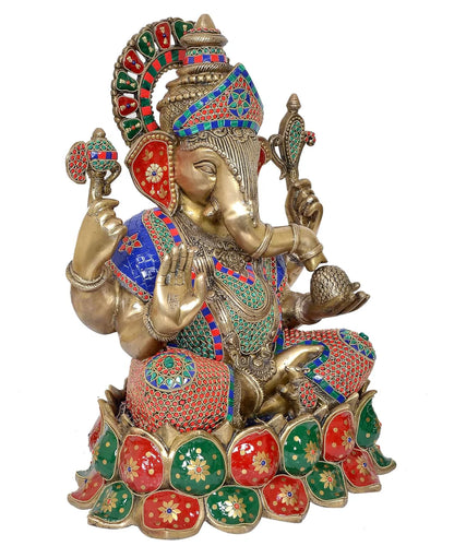 Brassaura® Brass Lord Ganesha Idol | 21.5 Inch Multicolor Ganpati Statue | Handcrafted Brass Murti for Home & Mandir