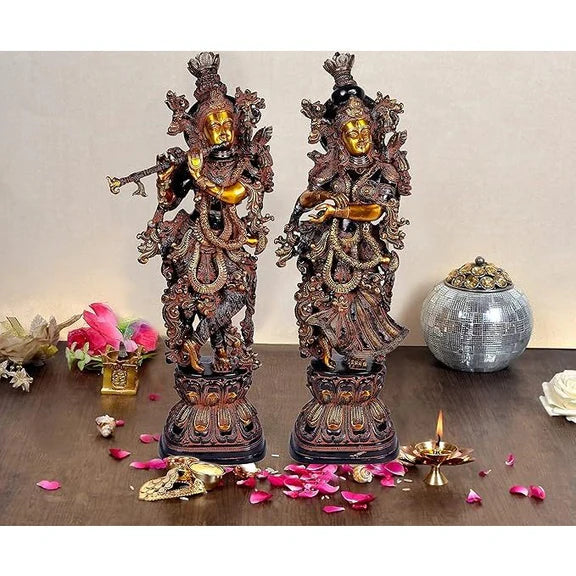 ब्रासोरा® वृंदावन वेणुगोपाल कृष्ण पीतल की प्रतिमा मोर के साथ | एंटीक नीला और सुनहरा रंग | ऊँचाई 20 इंच