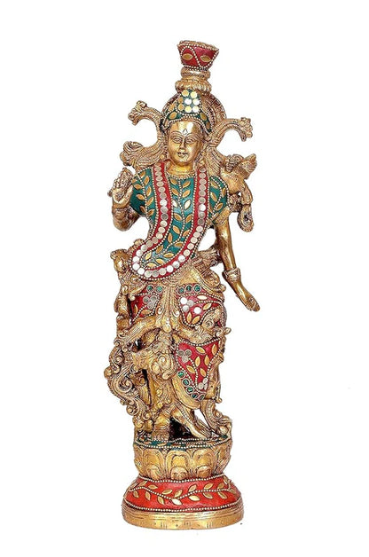 Brassaura® Brass Radha Krishna Idol | 13.5 Inch Golden Brass Statue | Decorative Murti for Home & Mandir