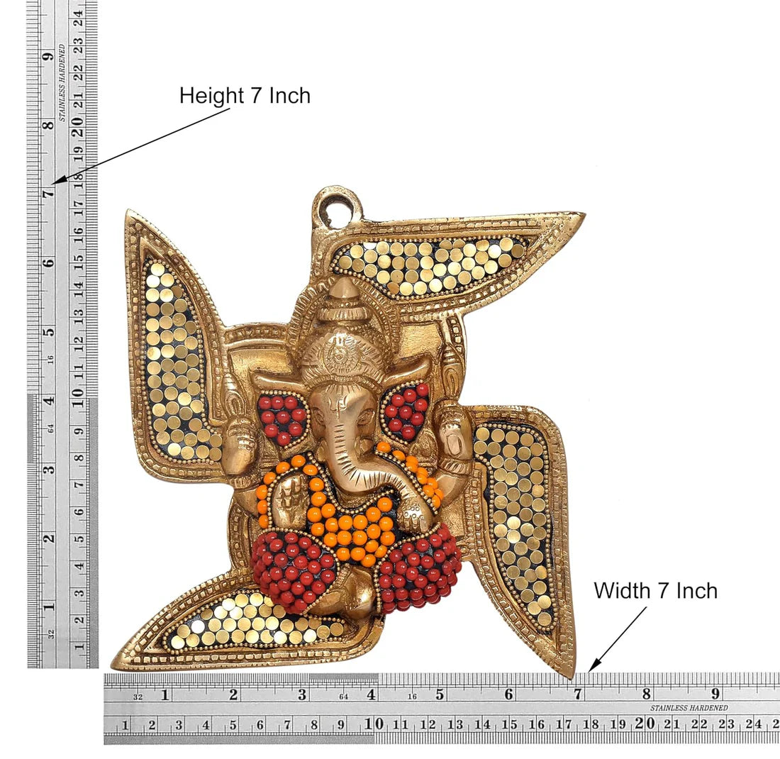 Brassaura® Brass Ganesha Swastik Wall Hanging | Height 8 Inches | Multicolor Decorative Wall Décor for Home & Mandir