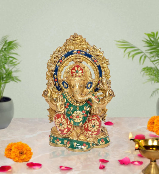 Brassaura® Brass Ganesha Statue | Height 8 Inches | Multicolor Ganpati Idol for Home, Office & Mandir
