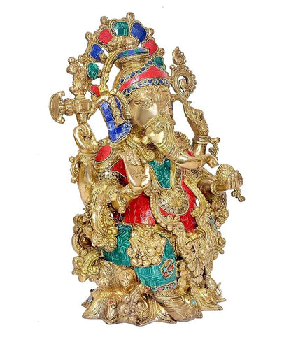 Brassaura® Brass Ganesha Mangalkari Statue with Lotus Frame | Height 16 Inches