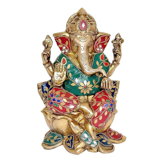 Brassaura® Brass Ganesha Idol | 9 Inch Multicolor Ganpati Statue | Handcrafted Brass Murti for Home & Mandir