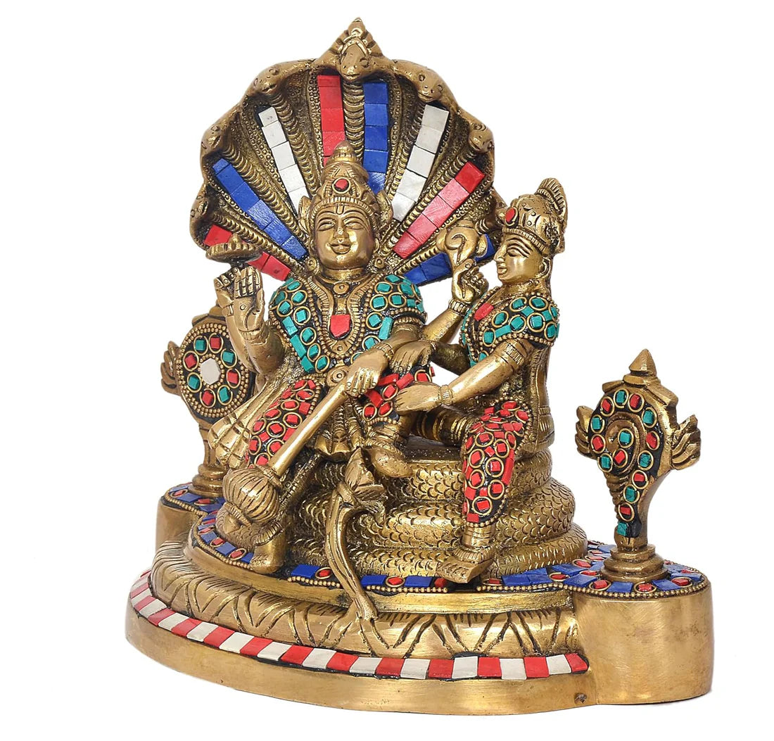 Brassaura® Brass Lakshmi Vishnu Statue | Height 9.5 Inches | Gold Finish Vishnu on Sheshnag Idol for Home & Mandir