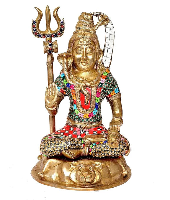 Brassaura® Brass Lord Shiva Idol | 13 Inch Golden Shiv Ji Statue | Handcrafted Brass Mahadev Murti for Home & Temple