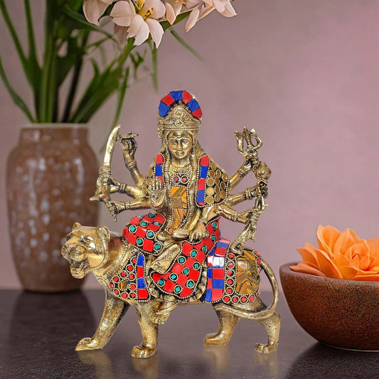 Brassaura® Brass Durga Maa Statue | Height 8 Inches | Sherawali Mata Rani Idol with Lion for Home & Mandir