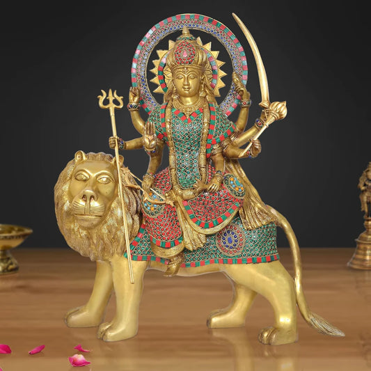 Brassaura® Brass Durga Maa Idol | 22 Inch Multicolor Sherawali Mata Statue | Handcrafted Brass Murti for Home & Temple