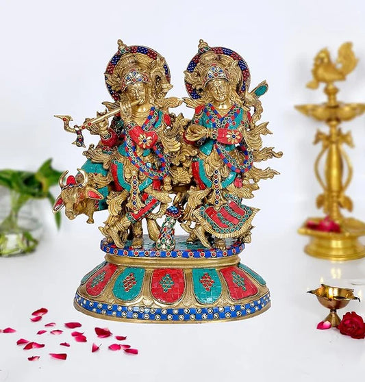 Brassaura® Brass Krishna Radha Cow Statue | Height 18 Inches