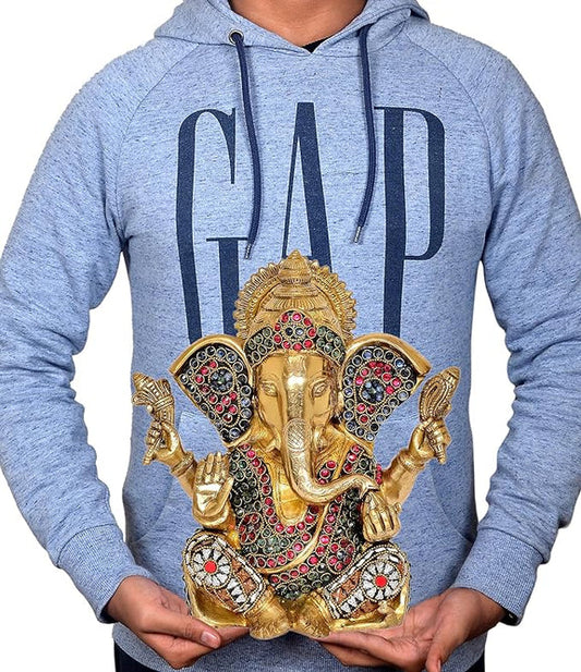 Brassaura® Brass Ganesha Statue | Height 10.5 Inches | Multicolor Stonework Ganpati Idol for Home & Mandir