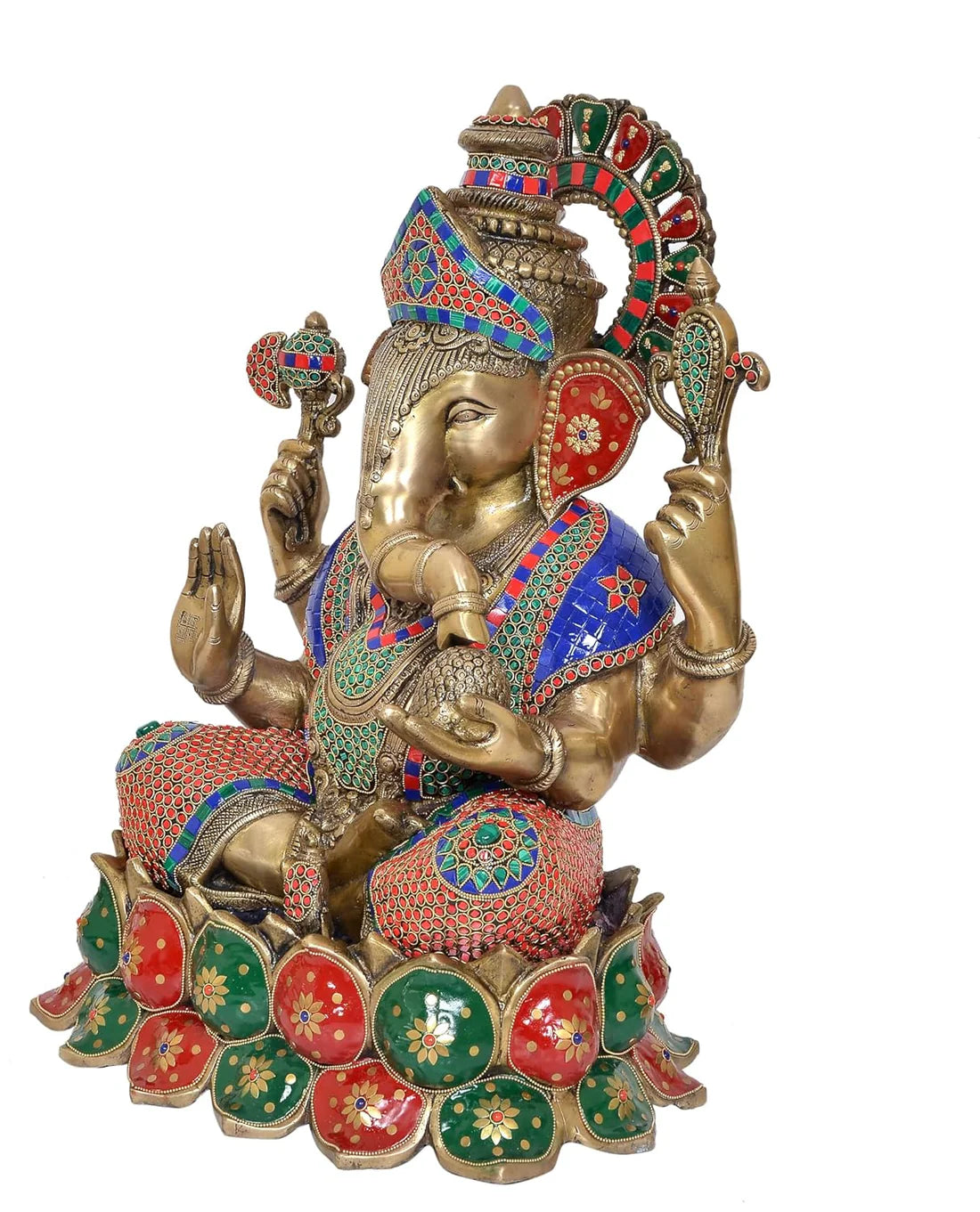 Brassaura® Brass Lord Ganesha Idol | 21.5 Inch Multicolor Ganpati Statue | Handcrafted Brass Murti for Home & Mandir