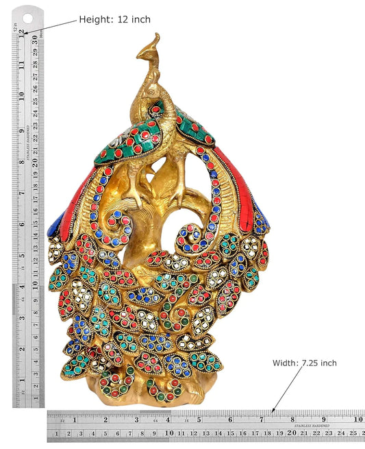 Brassaura® Brass Peacock Pair Statue | Height 12 Inches | Multicolor Decorative Peacock Showpiece for Home & Office