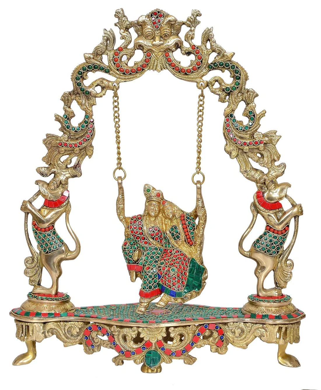 Brassaura® Brass Radha Krishna Jhula Idol | 18 Inch Multicolor Murlidhar Statue | Handcrafted Brass Murti for Home & Temple