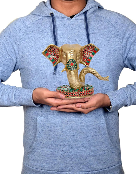 Brassaura® Modern Ganesha Head Brass Idol with Stone Work | Decorative Spiritual Showpiece | Height 6.5 Inches