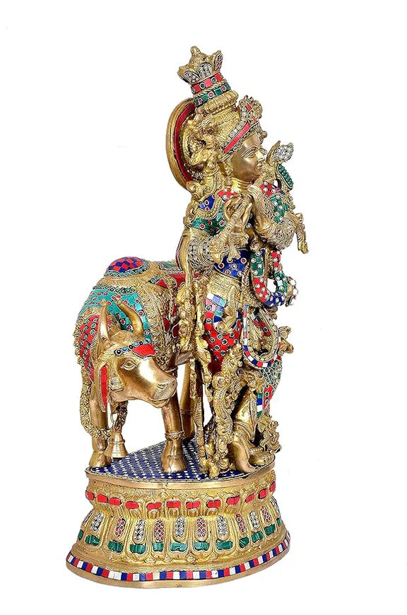 Brassaura® Brass Cow Krishna Statue | 30 Inch Large Krishna with Cow Idol | Handcrafted Brass Murti for Home & Temple